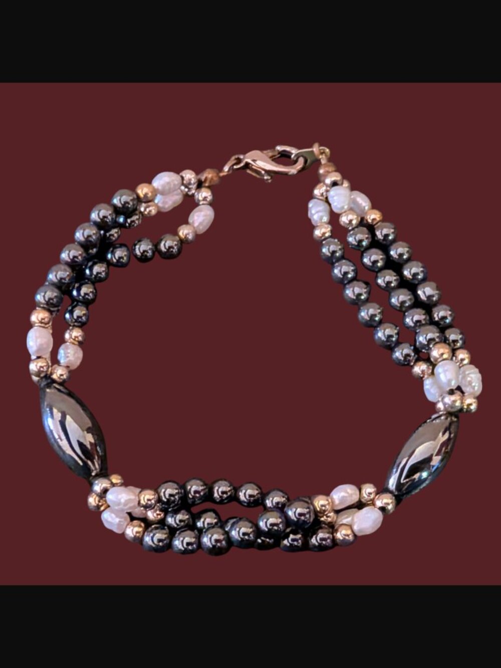 Vintage 1970s Hematite Freshwater Pearl Gold Bead Silver Clasp 7.25" Bracelet